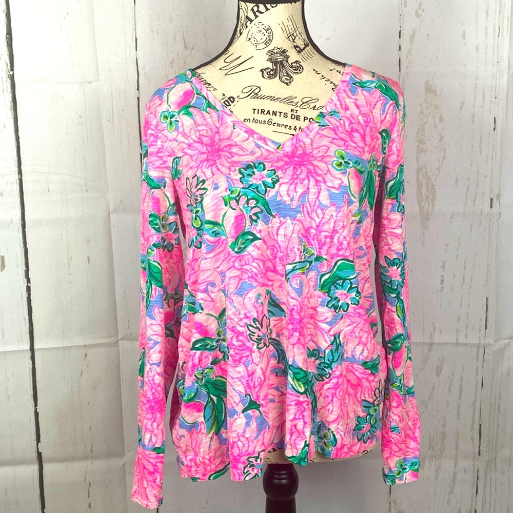 Lilly pulitzer etta v-neck top long sleeve pink blossom try your zest